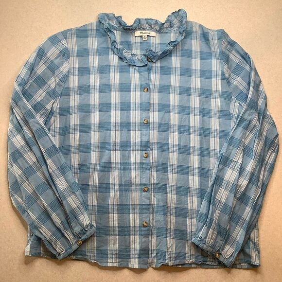 Madewell Ruffle‎ Neck Top Colwell Plaid Medium Blue & White - Picture 2 of 11